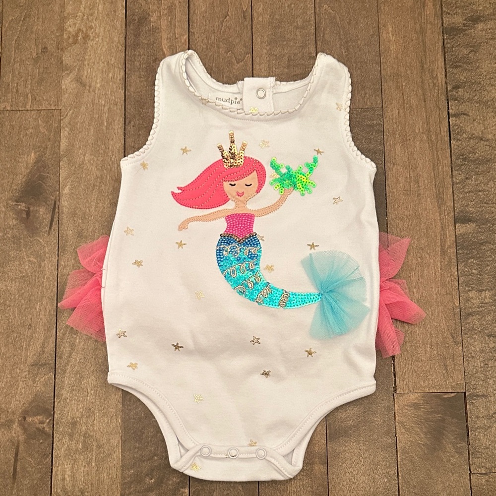 NWT Mud Pie Mermaid Bodysuit - White with Pink, Blue, and Gold. Size 6-9mths.
